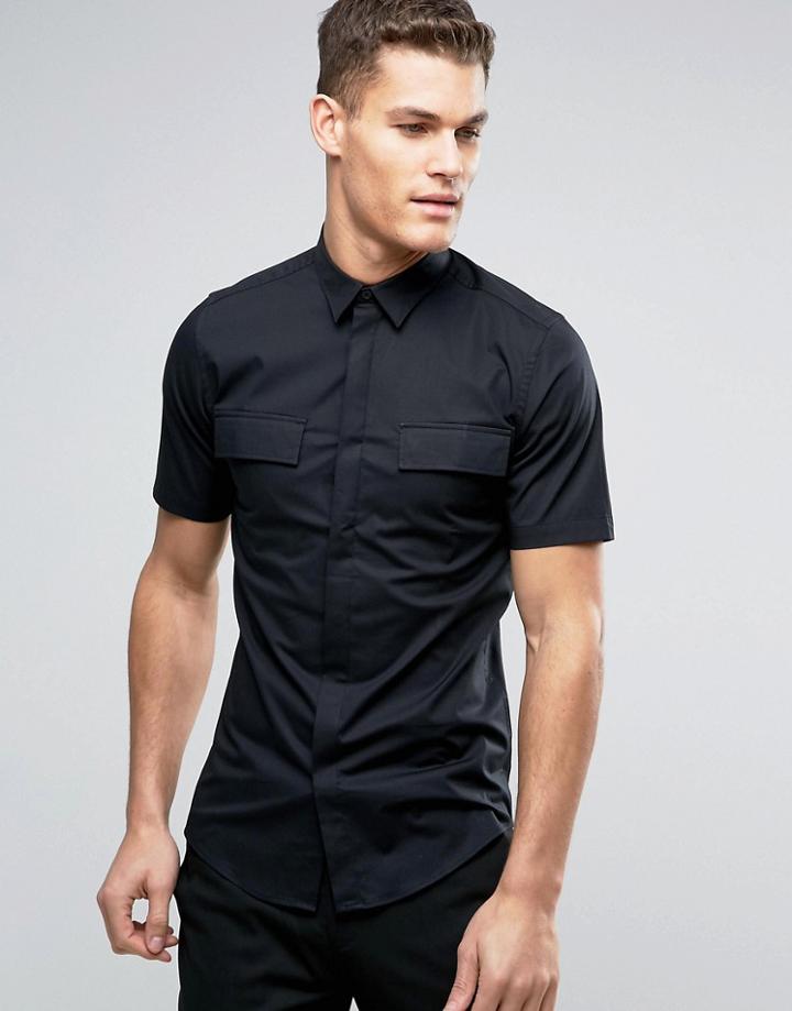 Only & Sons Skinny Short Sleeve Smart Military Shirt - Black