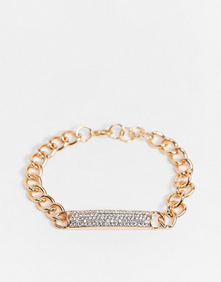 Ego Chunky Chain Bracelet With Diamante Id Tag In Gold