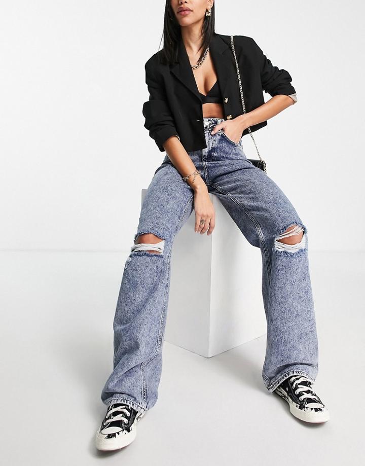 Na-kd Acid Wash Wide Leg Destroyed Jeans In Mid Blue