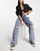 Na-kd Acid Wash Wide Leg Destroyed Jeans In Mid Blue