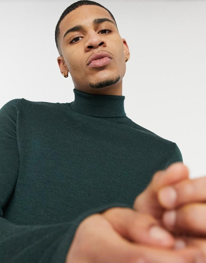 Asos Design Muscle Fit Merino Wool Roll Neck Sweater In Forest Green