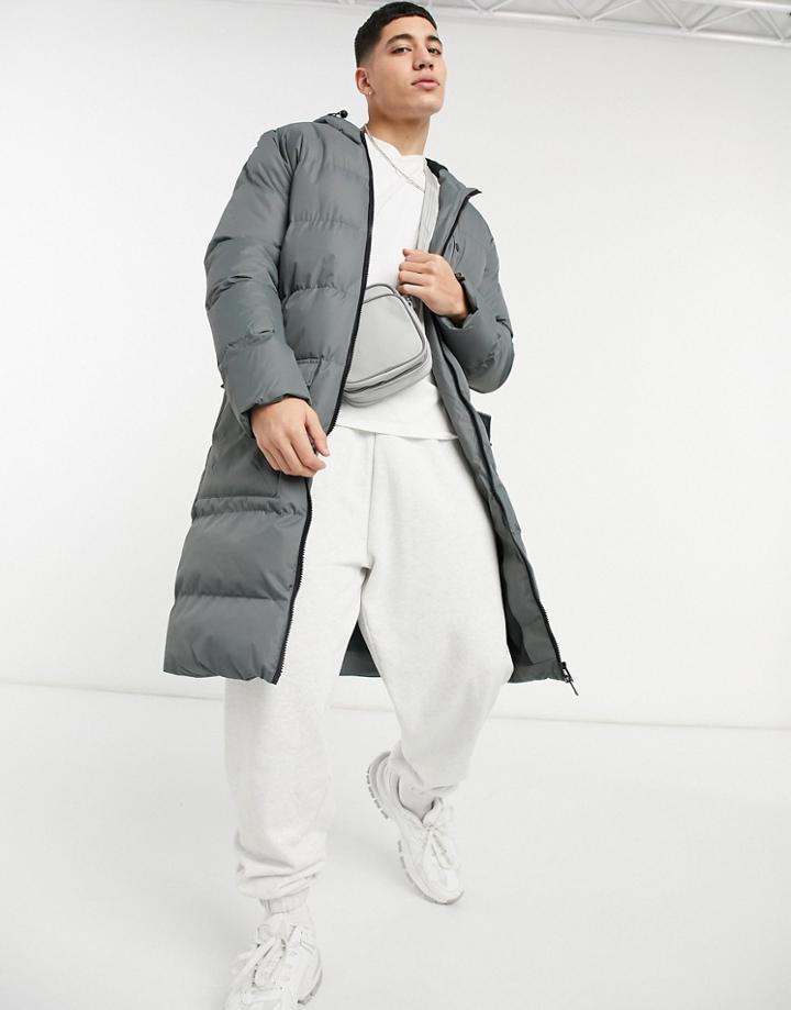 Soul Star Longline Fleece Lined Puffer Jacket In Light Gray-grey