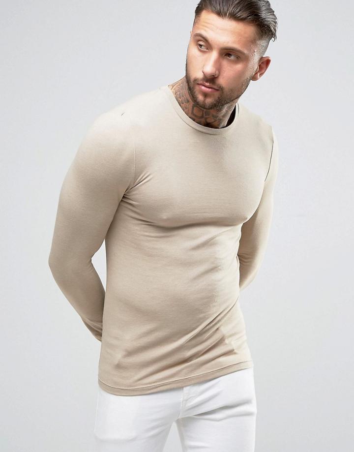 Asos Extreme Muscle Fit Long Sleeve T-shirt In Beige - Beige