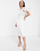 Asos Luxe Wired Ruffle One Shoulder Ruched Midi Dress In White