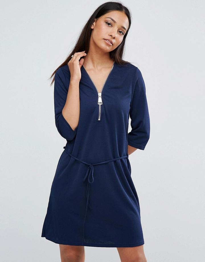 Ax Paris Zip Front Belted Tunic Dress - Navy