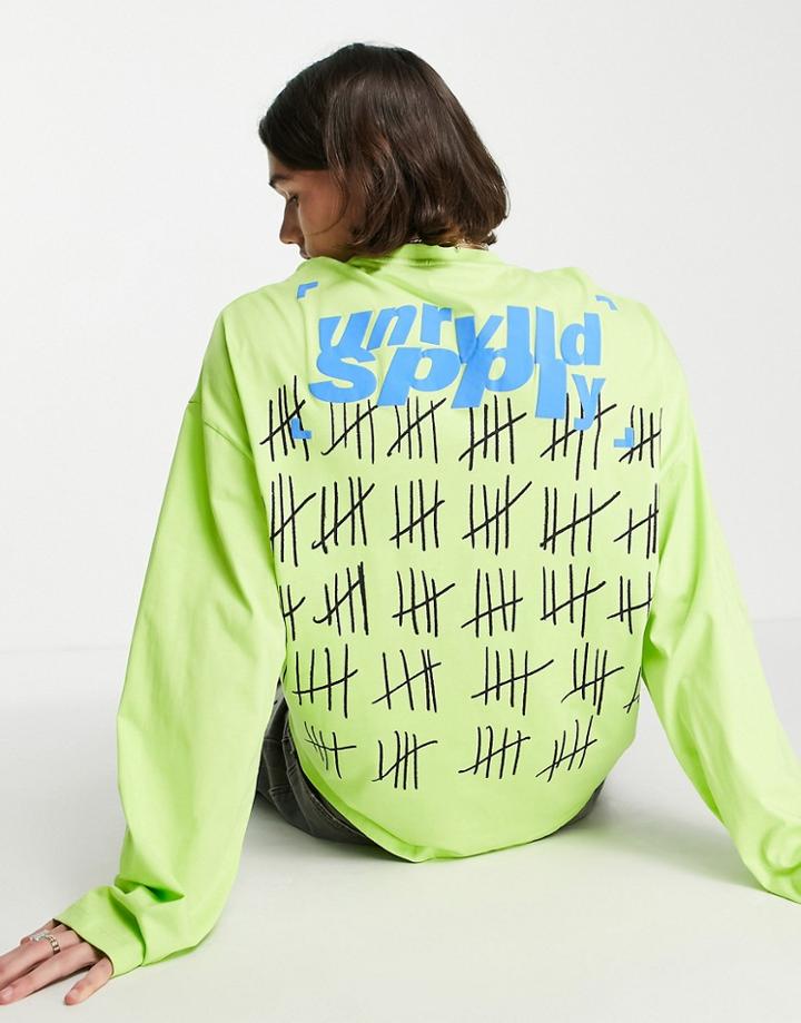Asos Unrvlld Spply Oversized Long Sleeve T-shirt With Logo Print In Light Green