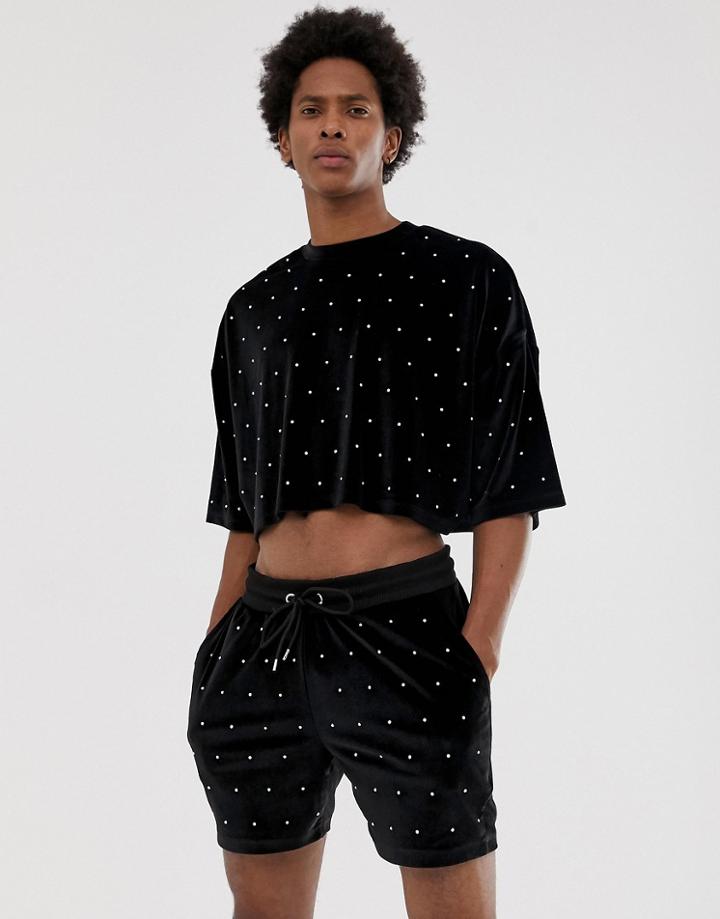 Asos Design Two-piece Oversized Cropped T-shirt In Velour With All Over Embellished Gems-black