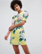 Asos Mini Shift Dress With Puff Sleeve In Textured Floral Print - Multi