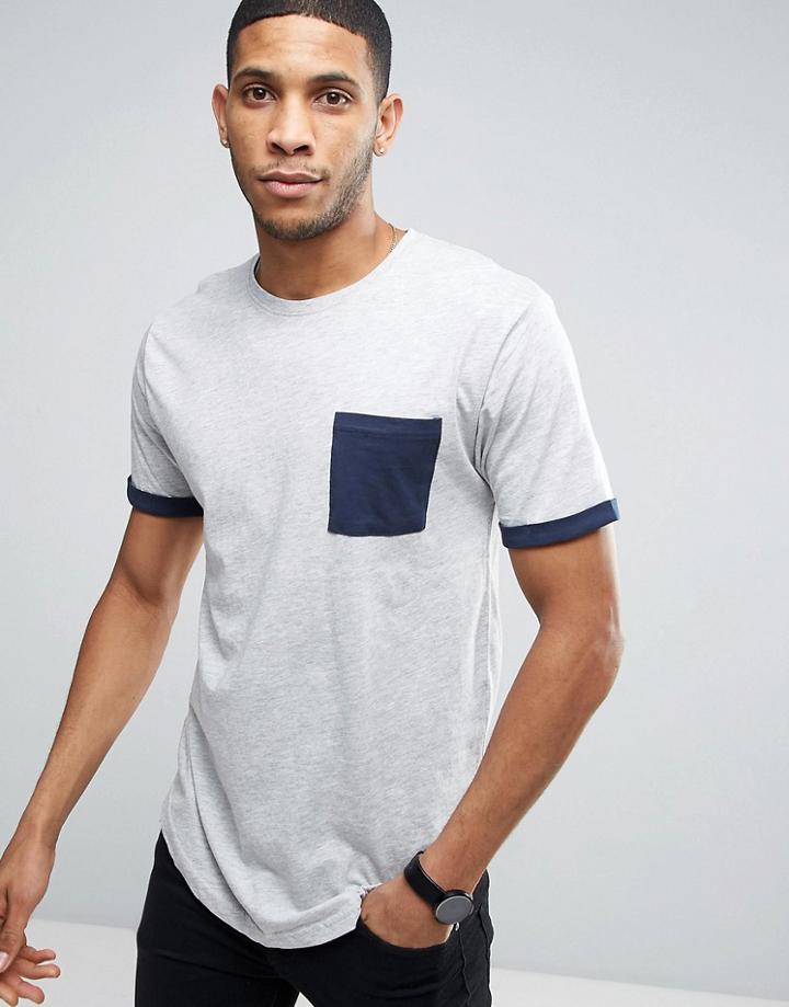 Only & Sons Longline T-shirt With Contract Pocket And Cuff - Gray