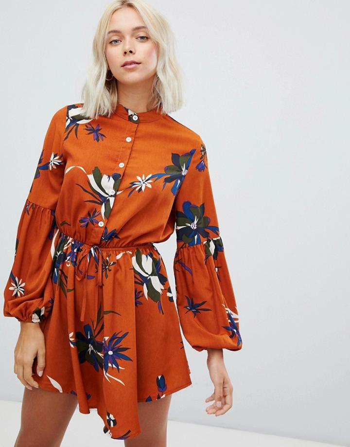 Parisian Floral Print Collarless Shirt Dress - Orange