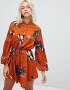 Parisian Floral Print Collarless Shirt Dress - Orange