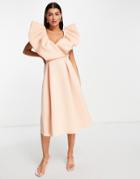 Asos Design Exaggerated Bubble Sleeve Prom Midi Dress-multi