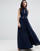 Asos Halter Pleated Maxi Dress With Cut Outs - Navy