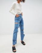 Asos Design Carpenter Boyfriend Jean With Extreme Slash Rips - Blue