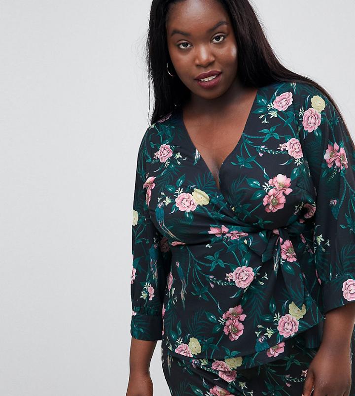 Fashion Union Plus Wrap Top In Romantic Floral Two-piece - Multi