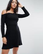 Asos Mini Asymmetric One Shoulder Rib Skater Dress - Black