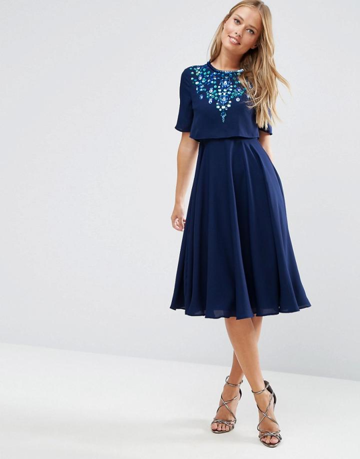 Asos Embellished Crop Top Midi Skater Dress - Blue