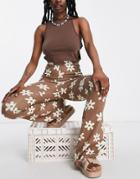 Daisy Street High Waist Flared Pants In Daisy Print - Part Of A Set-brown