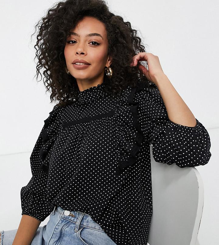Influence Tall High Neck Ruffle Detail Polka Dot Blouse In Black