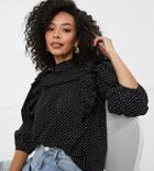 Influence Tall High Neck Ruffle Detail Polka Dot Blouse In Black