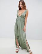 Asos Design Gathered Waist Crinkle High Low Hem Beach Dress - Green