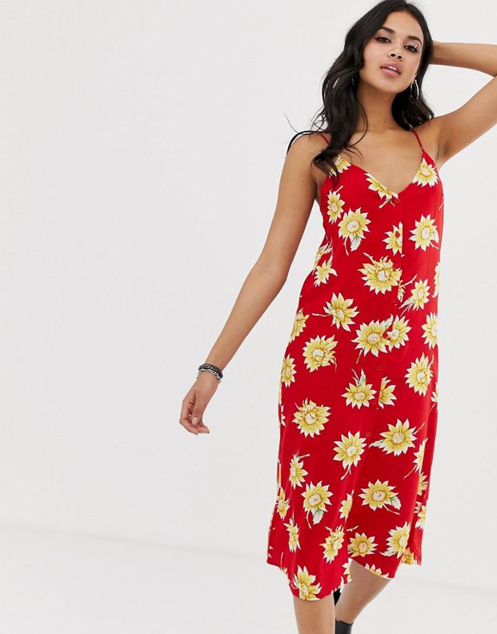 Motel Button Front Midi Dress In Sunshine Floral-red
