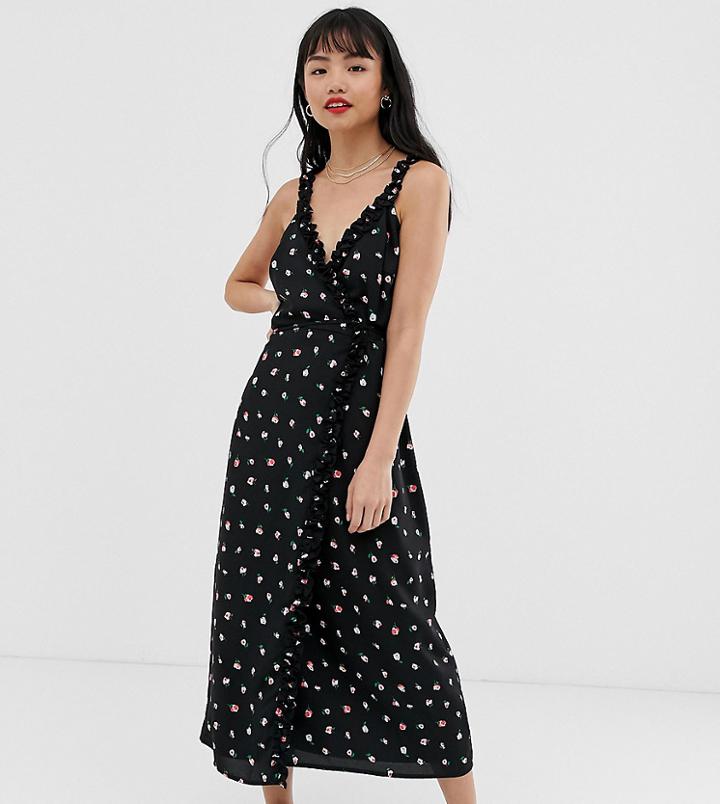 Fashion Union Petite Wrap Midi Dress In Floral - Black