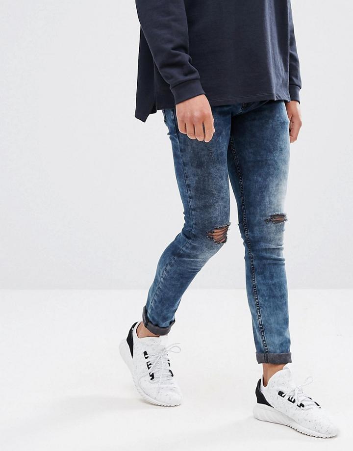 Asos Super Skinny Jeans Blue Black Acid Wash With Knee Rips - Black