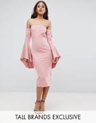 Ttya Black Off Shoulder Midi Dress With Exagerated Fluted Sleeve Detail - Pink