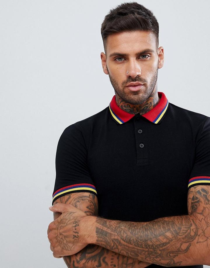 Asos Design Muscle Polo Shirt With Rainbow Tipping In Black - Black