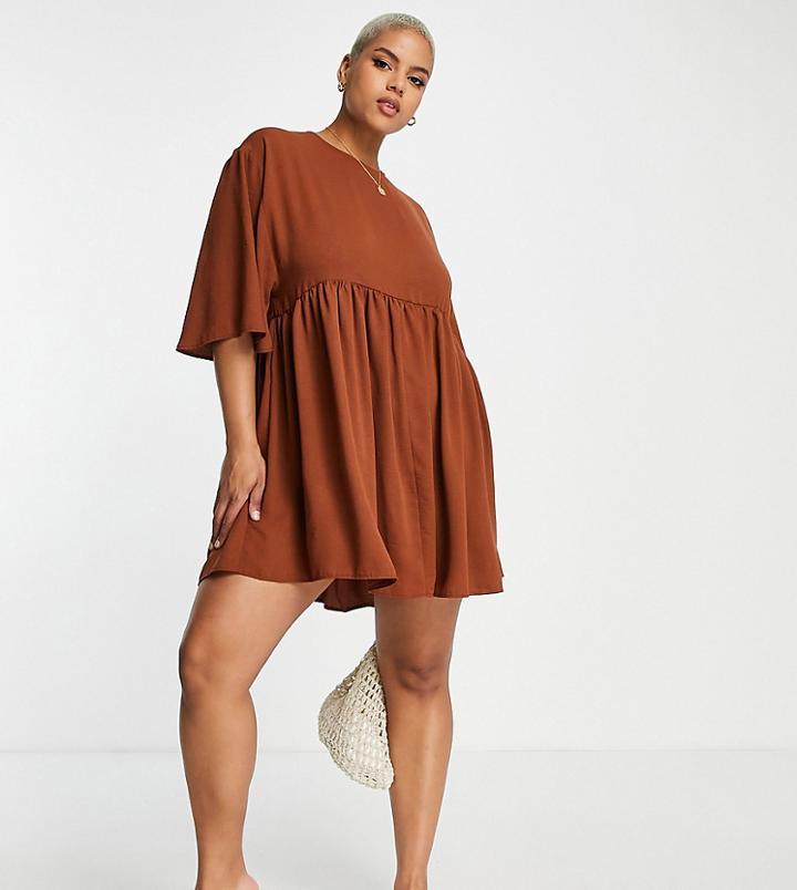 Asos Design Curve Mini Smock Dress With Kimono Sleeve In Rust-red