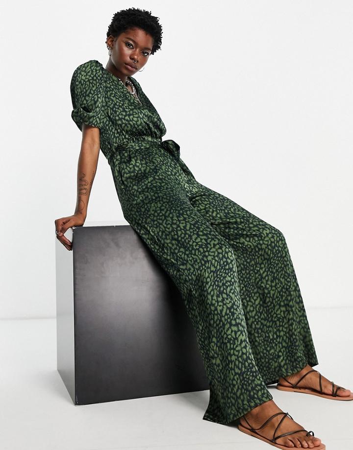 Topshop Animal Satin Jumpsuit In Green