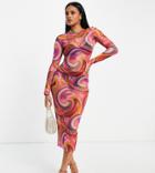 Asyou Long Sleeve Mesh Midi Dress In Multicolor Swirl Print-pink