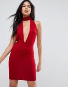 Asos Halterneck Plunge Mini Bodycon Dress - Red
