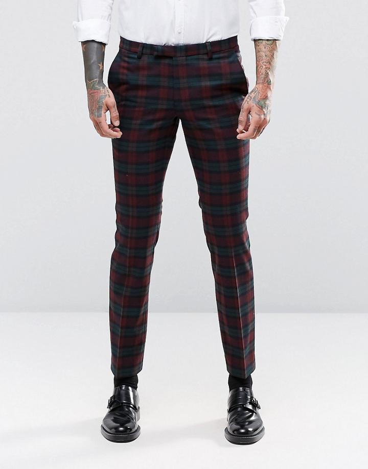 Noose & Monkey Super Skinny Suit Pants In Plaid With Stretch - Burgundy