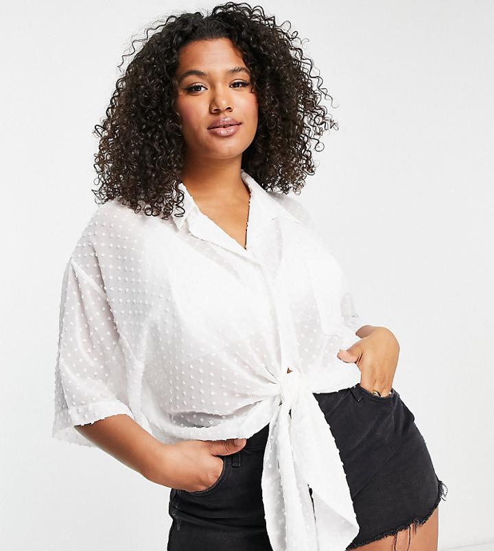 Asos Design Curve Tie Front Textured Shirt In Ivory-white