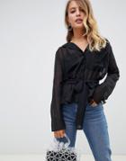 Asos Design Long Sleeve Sheer Blouse With Waist Detail-black