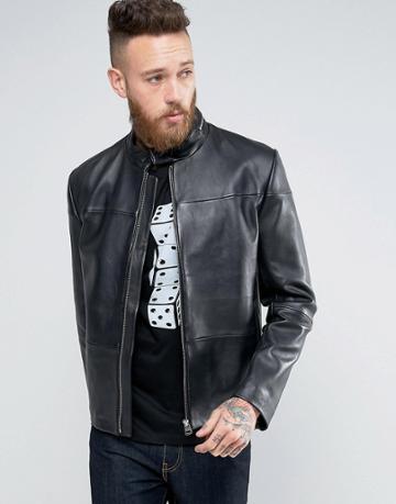 Hugo By Hugo Boss Lefox Leather Biker Jacket Slim Fit - Black