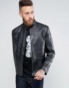 Hugo By Hugo Boss Lefox Leather Biker Jacket Slim Fit - Black
