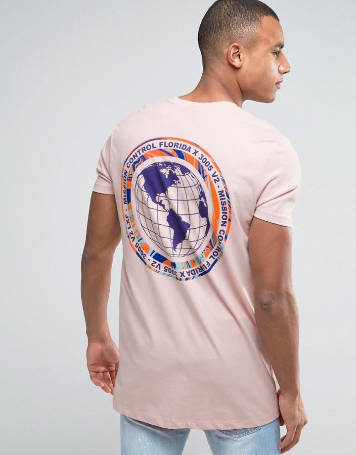 Asos Longline T-shirt With Globe Chest And Back Print - Pink