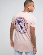 Asos Longline T-shirt With Globe Chest And Back Print - Pink