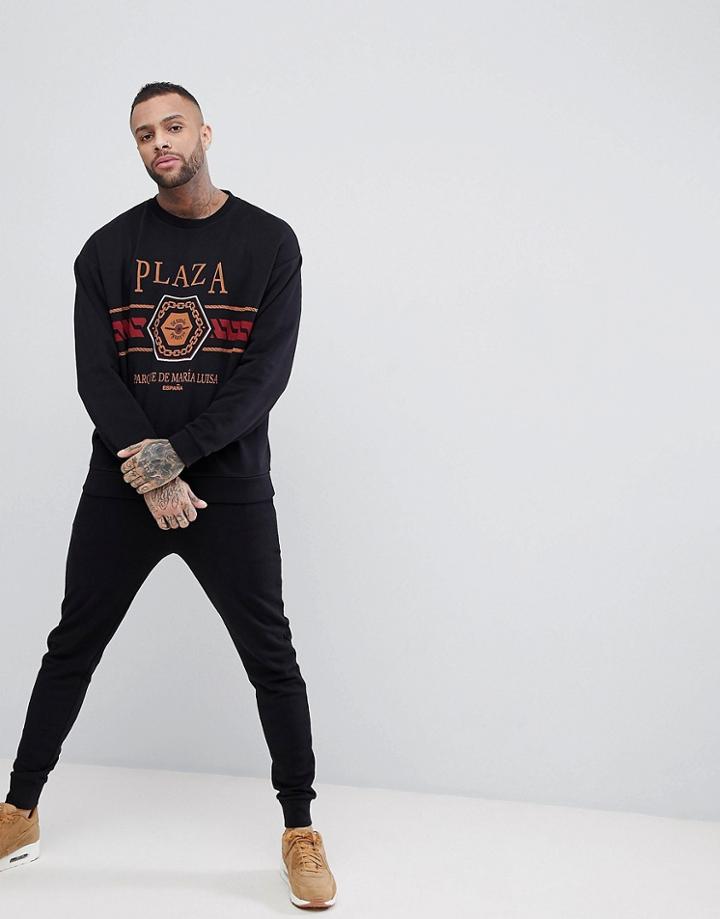 Asos Tracksuit Oversized Sweatshirt/skinny Joggers With Chest Print In Black - Black