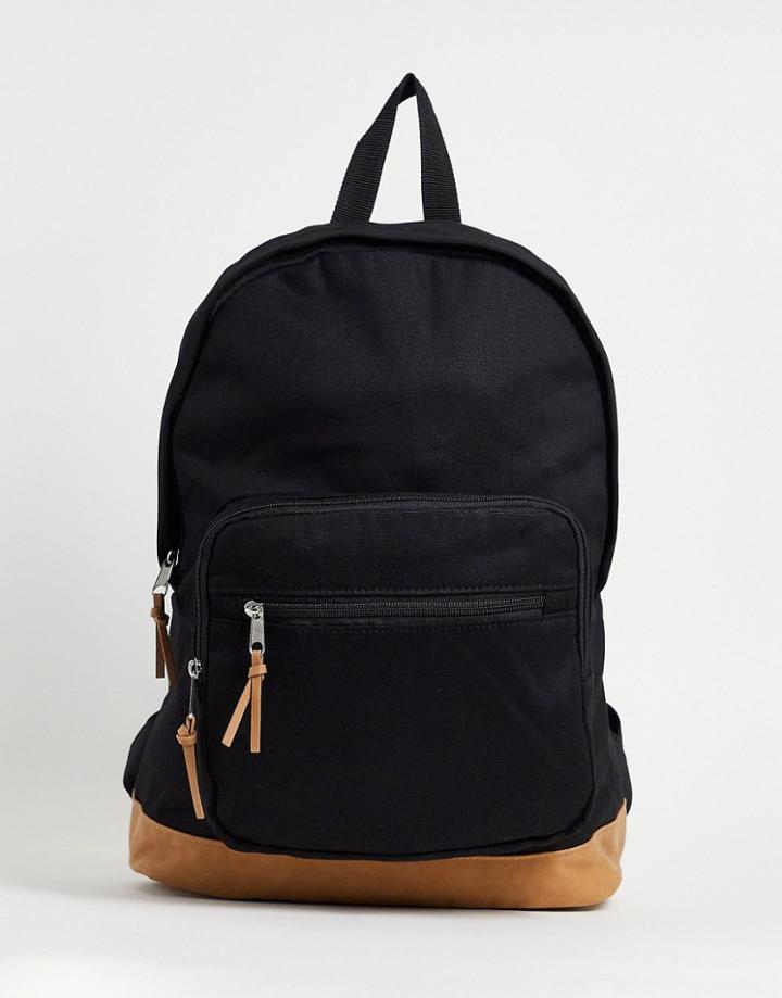 Asos Design Backpack In Black Canvas With Contrast Faux Suede Base Panel