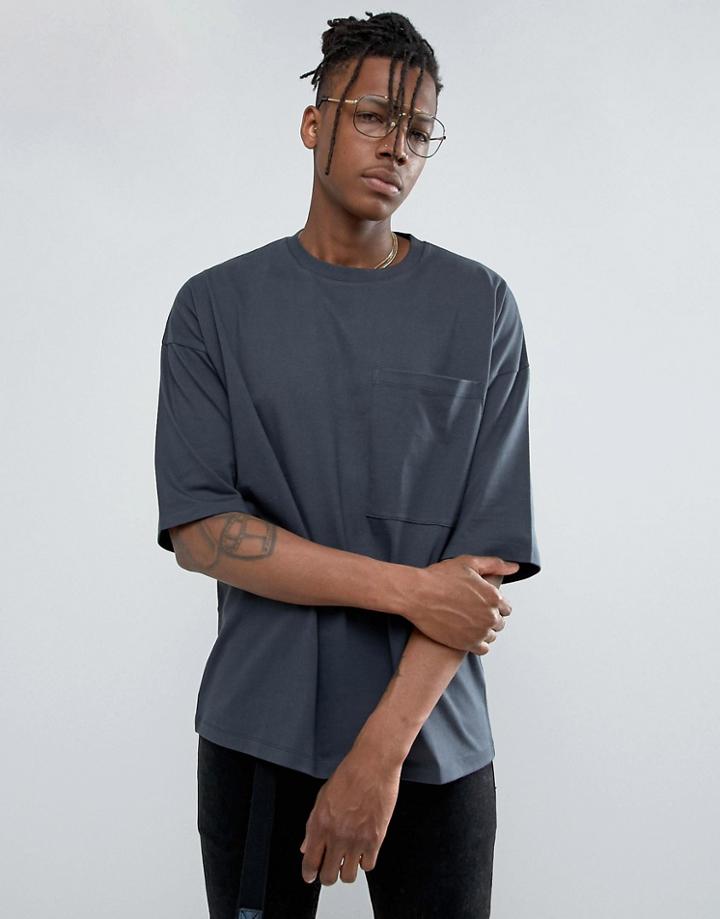 Asos Heavyweight Oversized T-shirt With Oversized Pocket - Gray