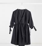 Asos Design Maternity Cotton Poplin Button Neck Mini Smock Dress With Tie Sleeves In Black