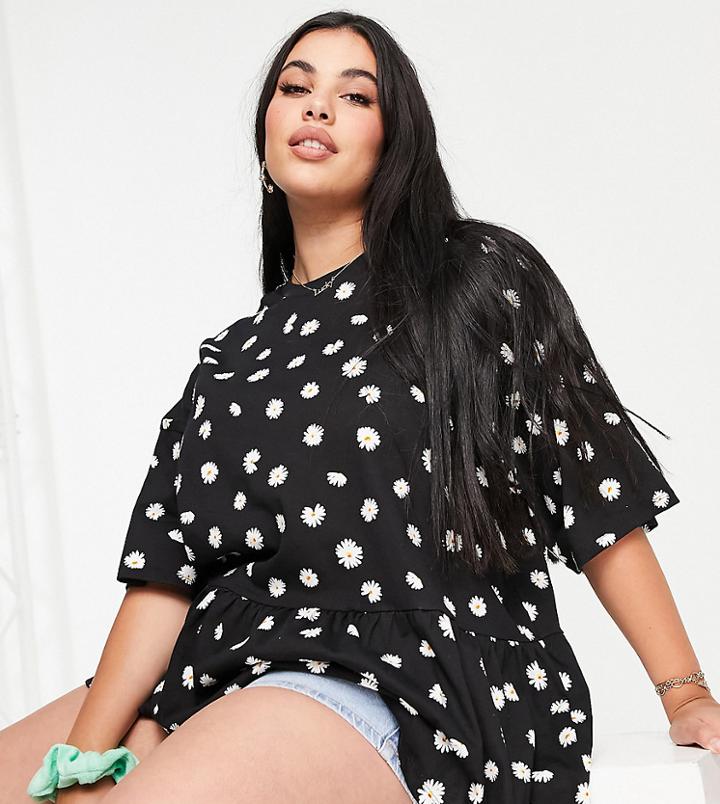 Asos Design Curve Smock Top In Ditsy Print-black