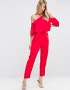 Asos Jumpsuit With Ruffle Bardot And Halter Neck Detail - Red
