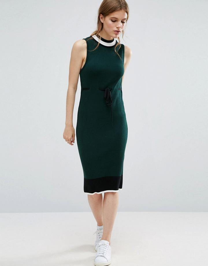 Asos Knit Midi Dress With Stripe Detail And Tie Waist - Green