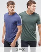 Asos T-shirt With Crew Neck 2 Pack Save 17% In Green/blue Marl - Multi