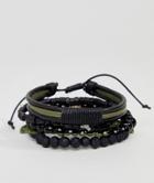 Asos Design Leather And Beaded Bracelet Pack In Black And Khaki With Feather - Black